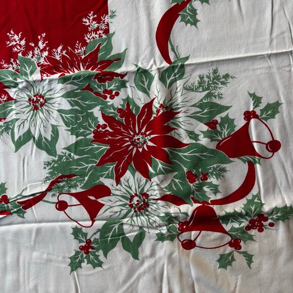 Vintage mid century Christmas tablecloth cotton print rectangle red white FLAWS - Picture 8 of 10